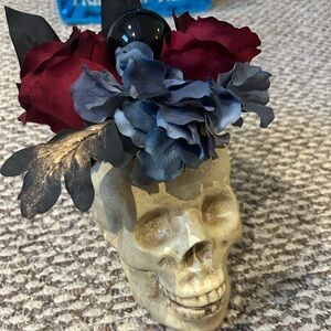 Decorative Skull with Red and Blue Flowers